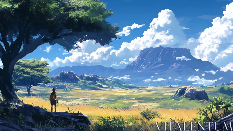 Solitary figure observing distant mesa across open plain.