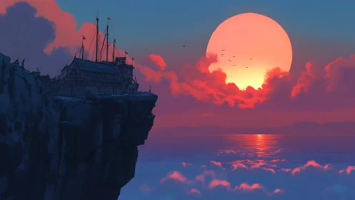 Clifftop fortress overlooks a colossal neon sunset seascape.