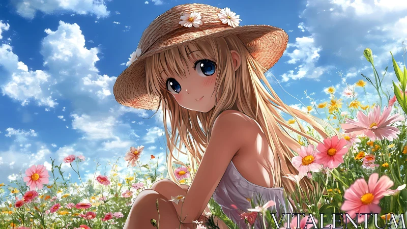 Anime summer portrait in high-saturation floral meadow lighting.