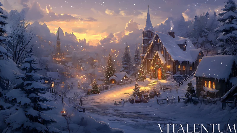 Snowy village church glows under warm winter sunset.