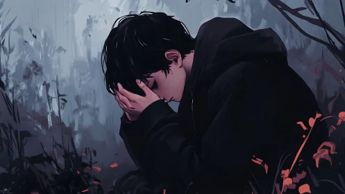 Solitary figure in fog-drenched forest with muted palette.