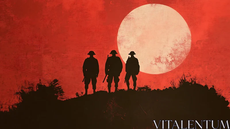 Silhouetted soldiers stand against a large pale circular sun