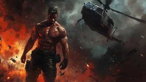 Battle-scarred soldier strides from flames as helicopter falls