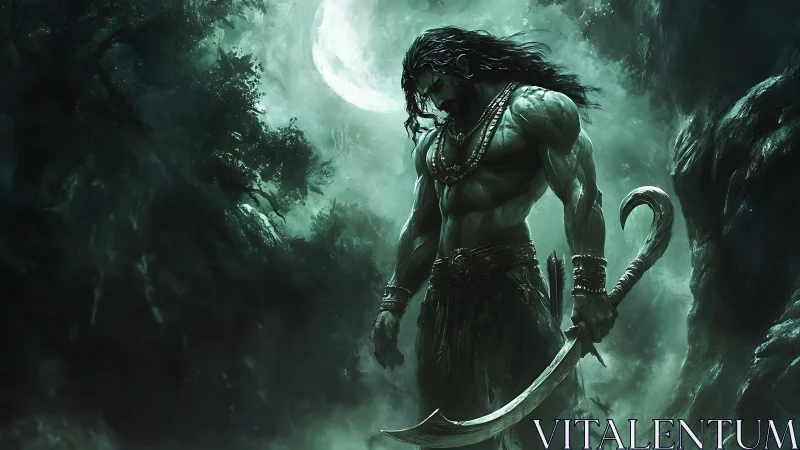 Moonlit warrior stands vigilant in a mist‑shrouded jungle night.