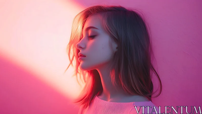 Side profile of woman in pink and magenta studio lighting.