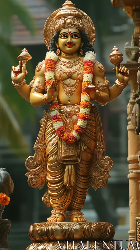 Gilded Hindu deity statue with garlands under diffused outdoor light