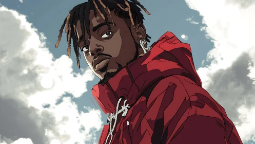 Cel-shaded portrait of hooded figure under diffuse backlit clouds