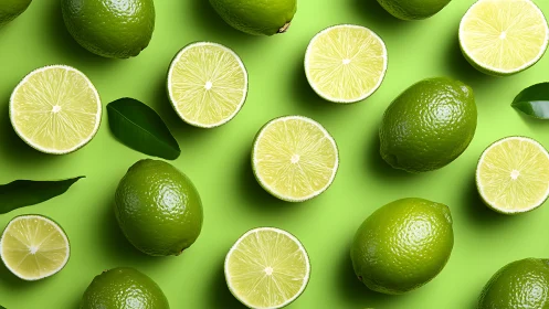 Vibrant whole and halved limes on luminous green backdrop.