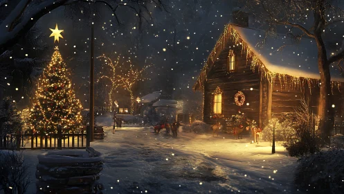 Snow-covered cabin and illuminated tree stand in winter night