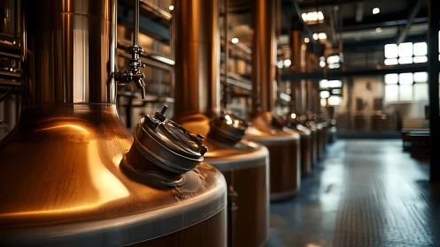Copper brewing tanks glow warmly in an artisan brewery