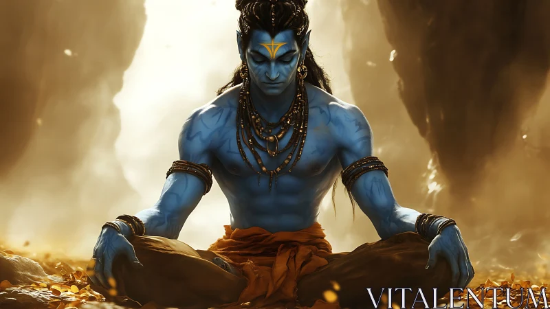 Blue ascetic deity meditating in golden backlit canyon environment