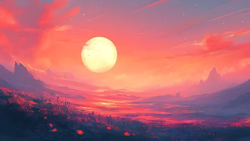 Expansive alien valley under oversized sun with saturated red haze