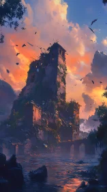Ruined riverside tower under vivid sunset sky.