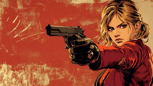 Woman with handgun aims forward against rough red backdrop