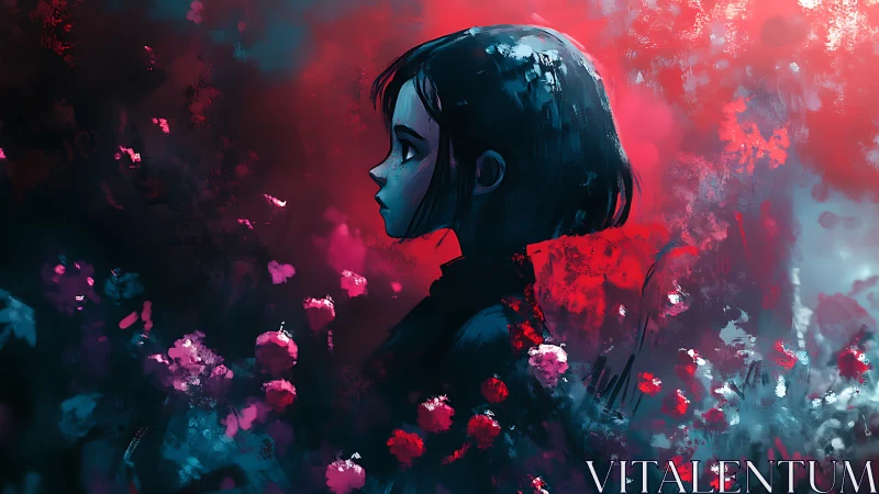 Melancholic profile girl immersed in neon floral haze.