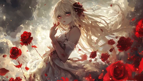 Blonde figure stands amid red roses and diffuse light