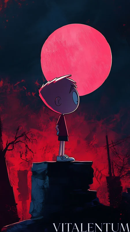 Cartoon boy silhouetted on cliff before oversized textured red moon