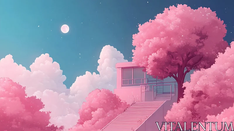Lunar-lit modern terrace amid cotton-candy chromatic canopy.