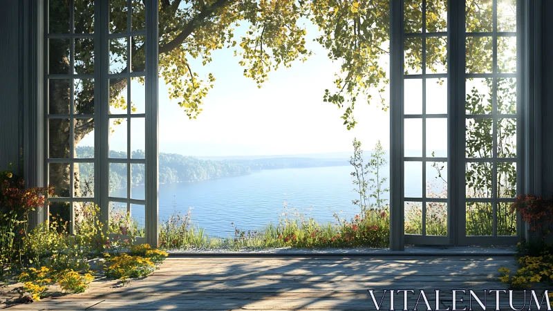 Sunlit lakeside veranda rendered with high dynamic range lighting