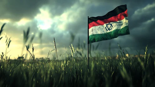 Weathered tricolor flag waves above sunlit grassy field.