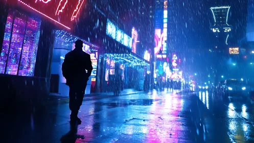 Lone figure walks through neon city street under heavy rain