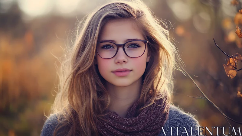 Soft autumn portrait of young woman in warm golden light.