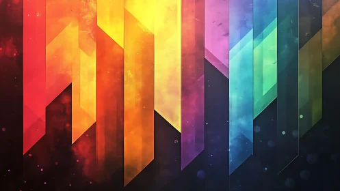 Vibrant geometric abstract art with rainbow gradient colors.