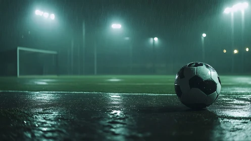 Photorealistic night pitch with rain-soaked soccer ball focal point.
