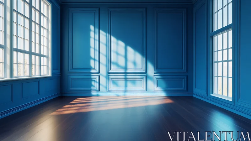 Sunlit empty blue room with tall windows and wood floor.