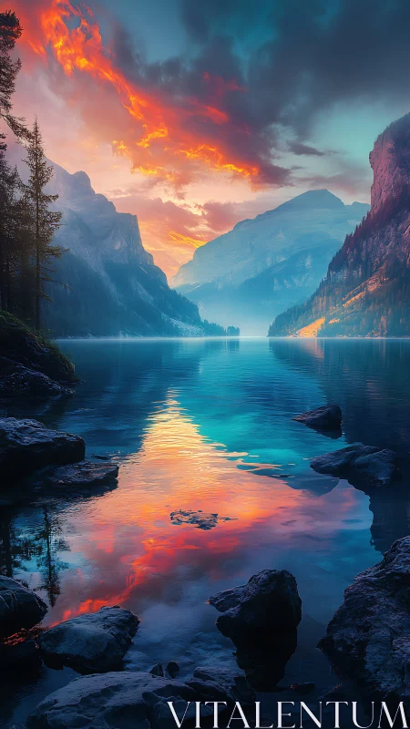 Luminous mountain lake at sunset with dream-bright skies.
