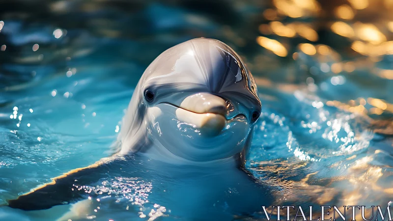 Playful dolphin portrait in shimmering pool light.