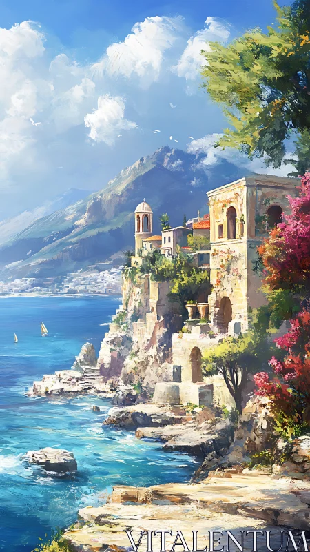 Sunlit cliffside village leans lazily into a turquoise sea