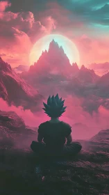 Anime warrior meditates before glowing alien moonrise.