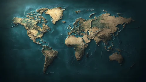 Textured world map relief with continents on teal ocean.