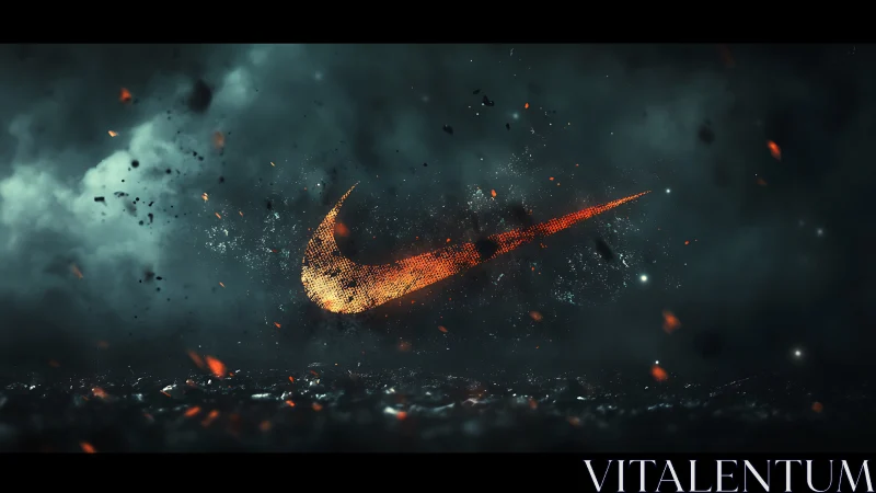 Ignited swoosh emblem in stormy particle explosion environment.