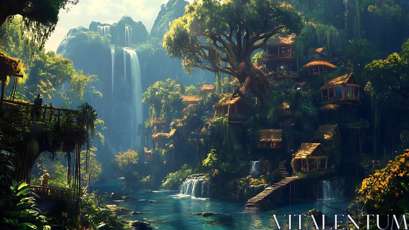 Waterfall treetop village dreaming in emerald forest hush.