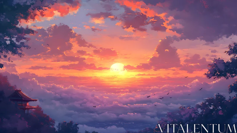 Sunset above cloud sea renders tranquil temple-side horizon