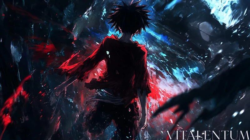 Backlit anime figure in red-blue high contrast painterly chaos