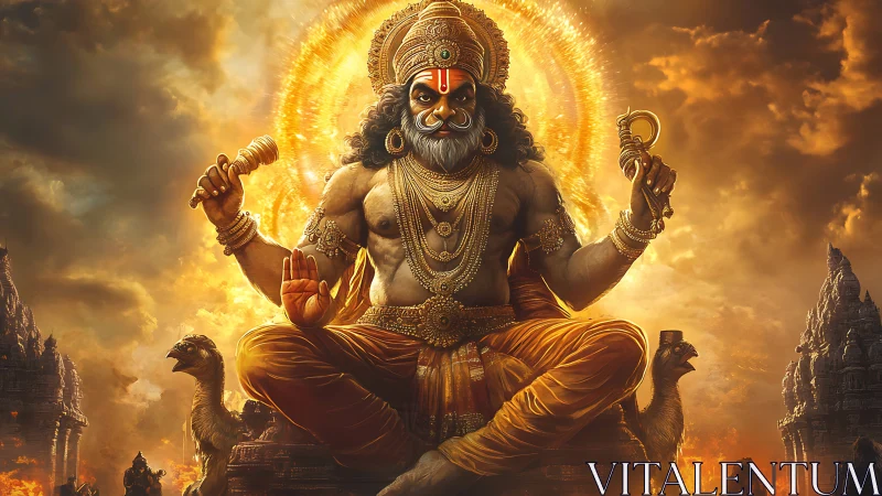 Divine warrior deity seated in glowing fiery aura.