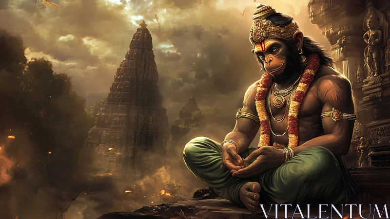 Monkey god in tranquil prayer crowns a stormy temple dusk