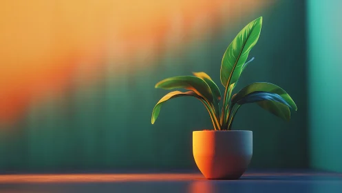 Radial-lit potted foliage under gradient chromatic wall wash.