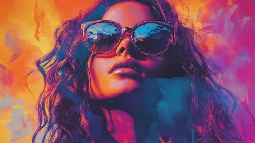 Bold digital portrait of woman in sunglasses and neon light.