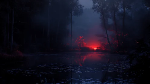Luminous red glow ignites a misty forest lakeside at dusk.