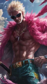 Sworded outlaw in pink feather coat under bright sky.