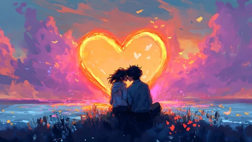 Silhouetted Couple Before Luminescent Heart Against Sunset Sky.