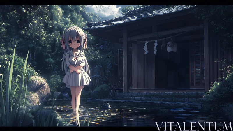 Soft backlit anime shrine scene with reflective pond lighting