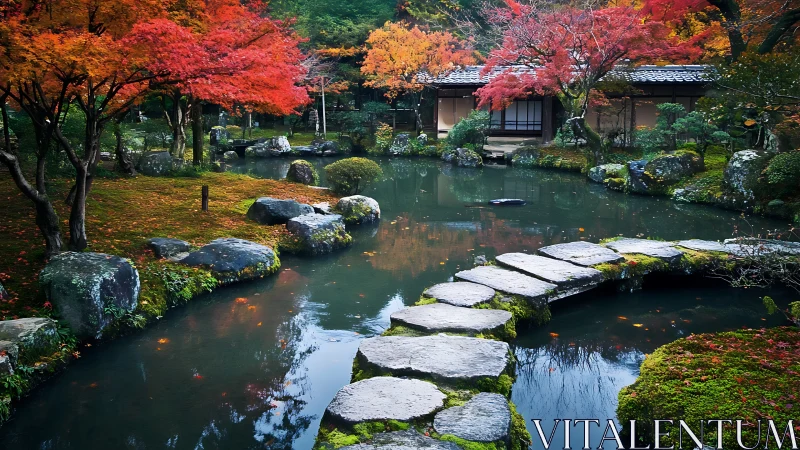 Curved stone path arcs across reflective pond in autumn garden