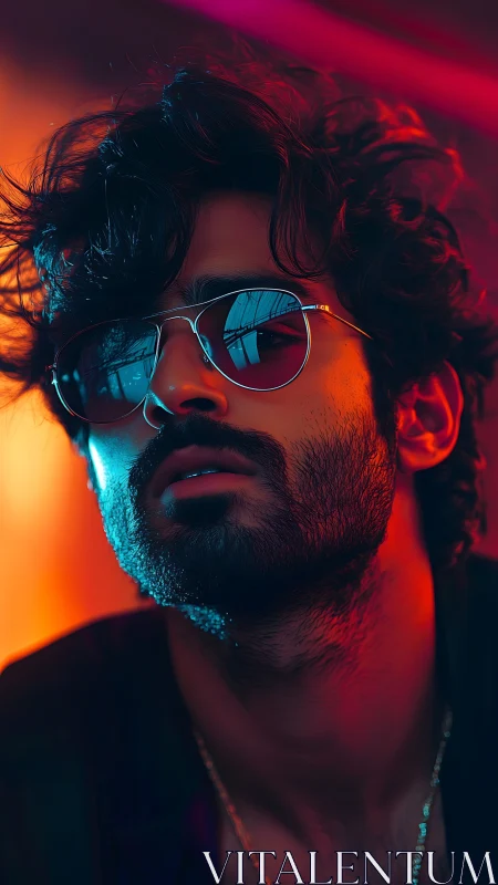 Neon-lit portrait captures man in reflective sunglasses.
