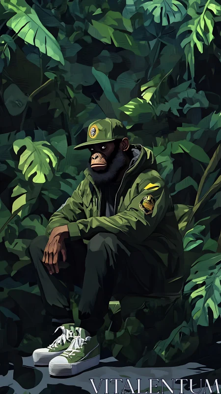 Streetwear chimp broods in dense neon jungle foliage