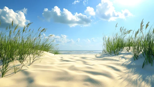 Sunlit coastal dunes with wind-shaped ripples and grass.